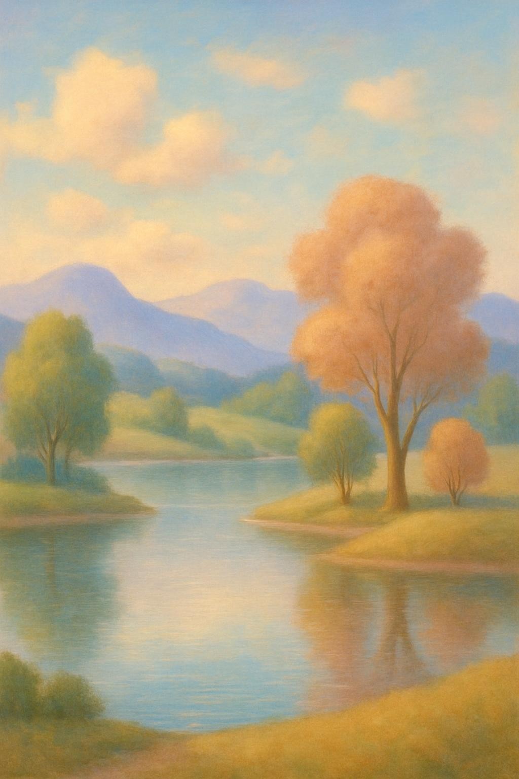 A completely different painting, such as a serene landscape with soft pastel colors and a peaceful lake, contrasting with the previously vibrant and energetic artwork.