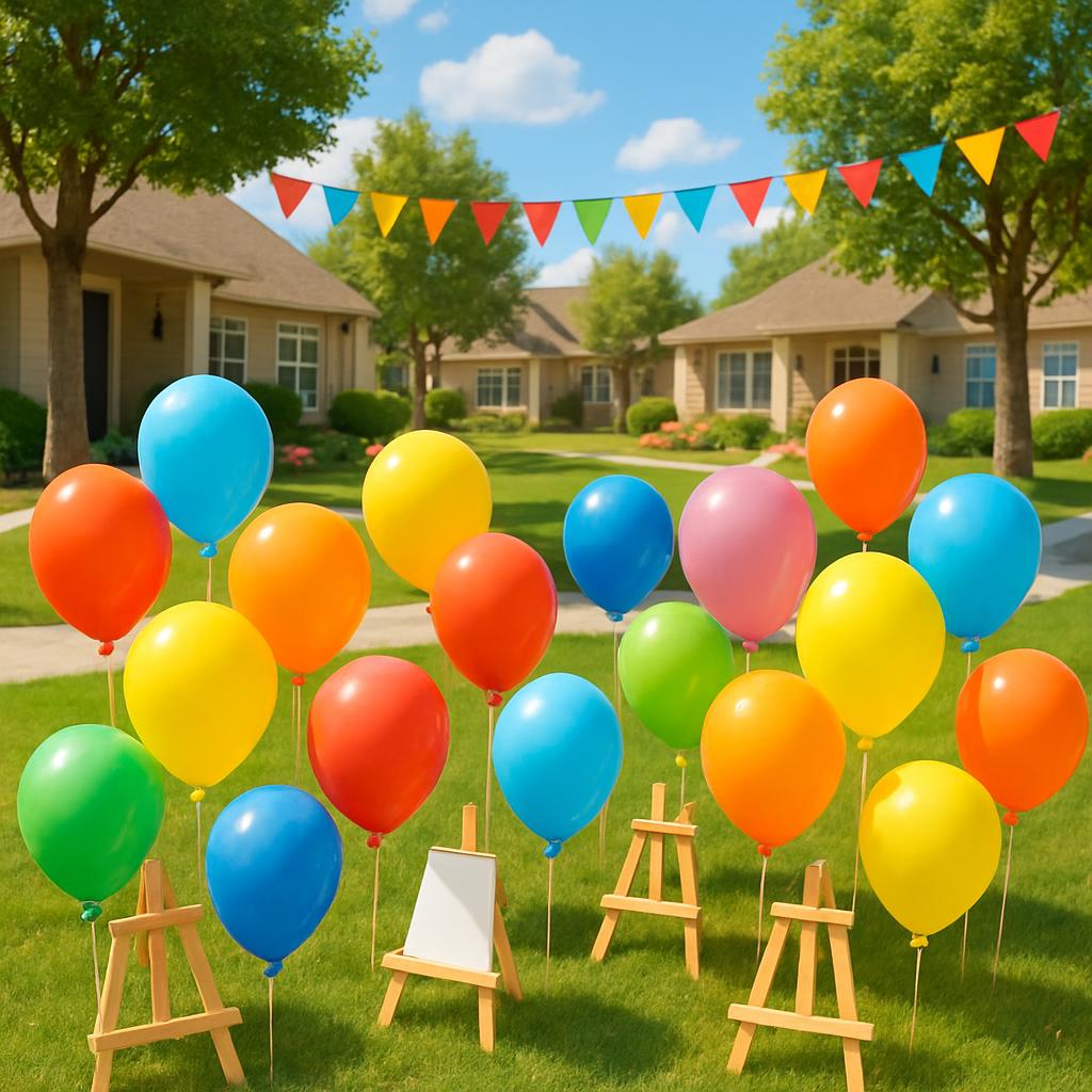 Outdoor party decorations with balloons surrounding a chalk board easel set in a green grass backyard lawn with houses and...